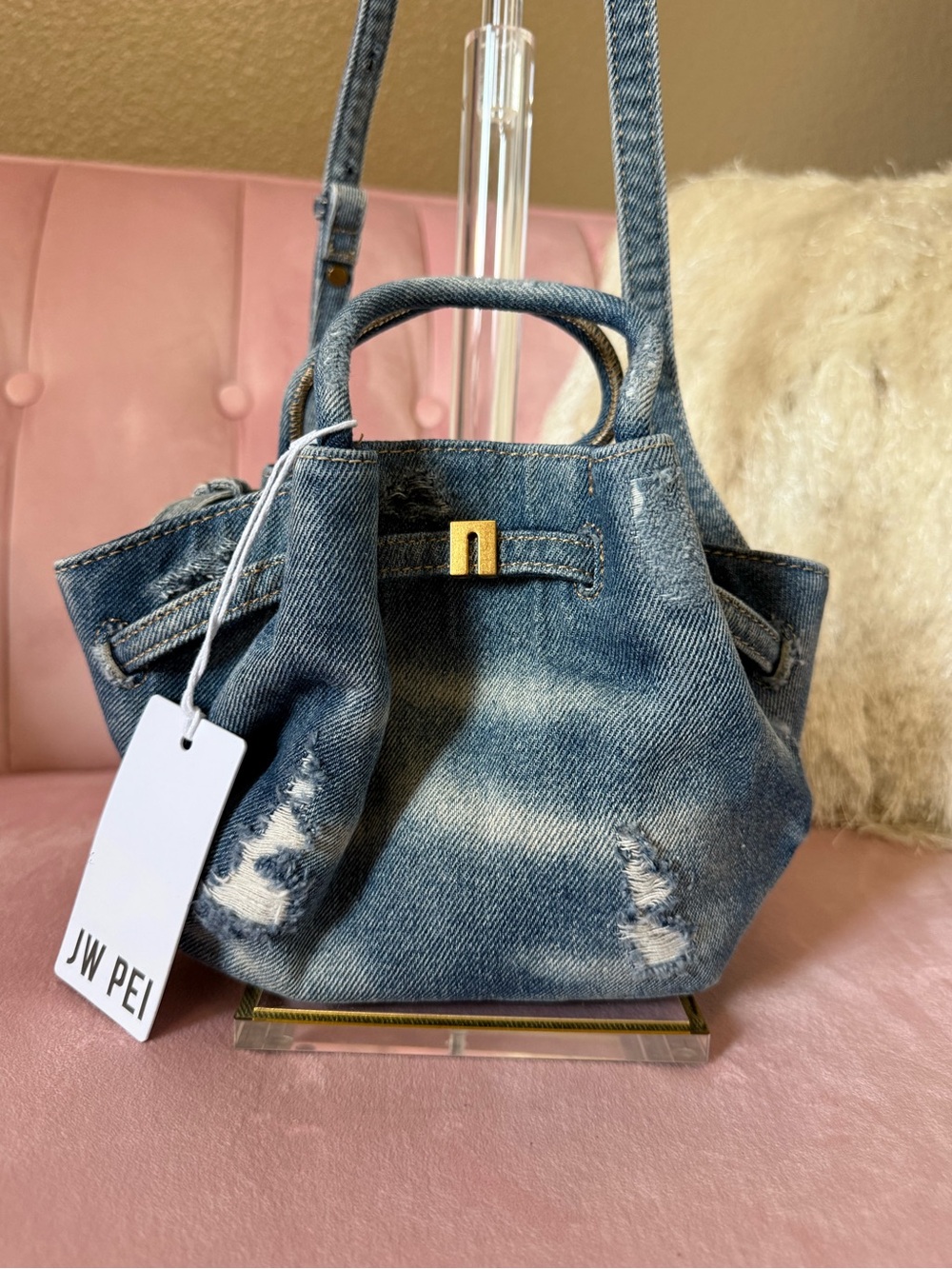 JW PEI Distressed Denim MINI  HANA Light Blue Silver Hardware. Crossbody/handbag